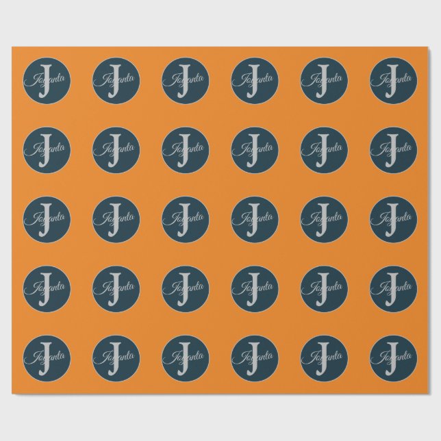 Anpassad orange grå blå Monogram Elegant Presentpapper (Platt)