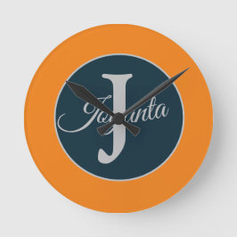 Anpassad orange grå blå Monogram Elegant Rund Klocka