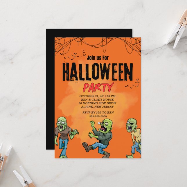 Anpassad Orange Zombie Halloween-fest Invitation Inbjudningar (Fram/Back In Situ)