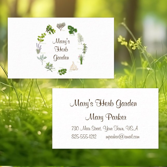 Anpassad örtträdgård affärs-kort visitkort (Beautiful business card for your herb garden. Fragrant, flavorful herbs and spices.)