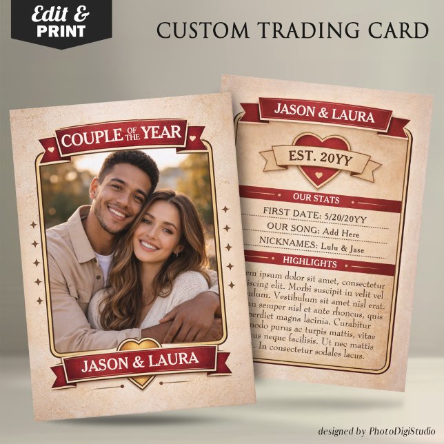 Anpassad par-handelskort, anpassad årsdag  (Custom Couple Trading Card, Custom Anniversary Card Vintage Trading Card Couple Keepsake)