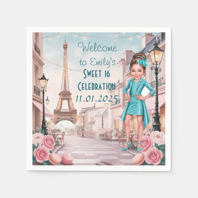 Anpassad Paris och Rosor Sweet 16 i Paris Pappersservett (Framsidan)