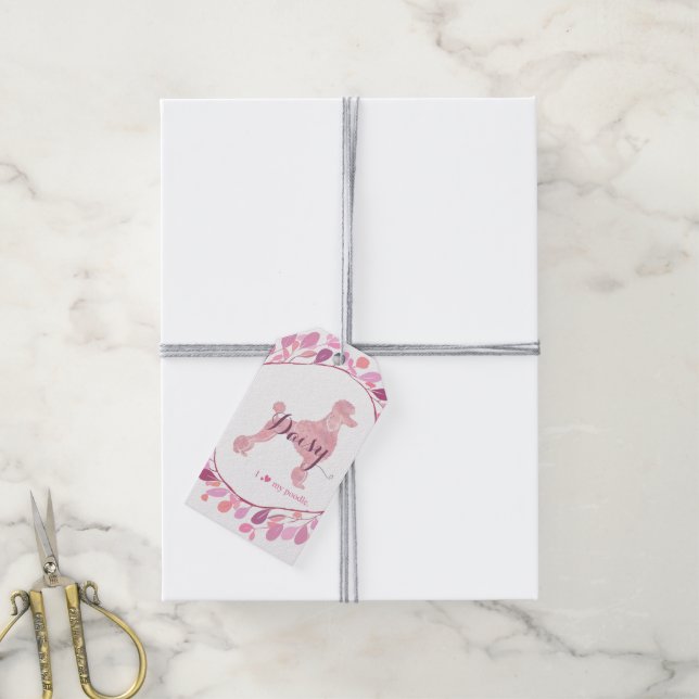 Anpassad Pastell Rosa Pudel Siluett Presentkorthål Presentetikett (Med Snöre)