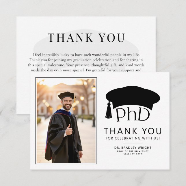 Anpassad PhD-doktorhatt Doktorsgrad Examen Tack Kort (Fram/baksida)