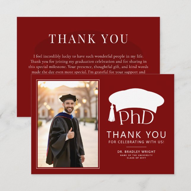 Anpassad PhD-doktorhatt Doktorsgrad Examen Tack Kort (Fram/baksida)