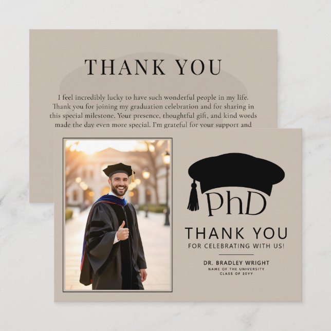 Anpassad PhD-doktorhatt Doktorsgrad Examen Tack Kort (Fram/baksida)