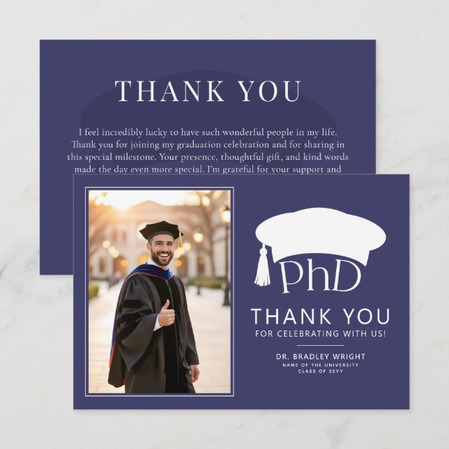 Anpassad PhD-doktorhatt Doktorsgrad Examen Tack Kort (Fram/baksida)