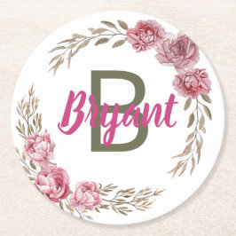 Anpassad Pink.Rose Monogram-design Underlägg Papper Rund