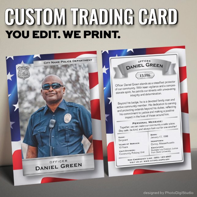 Anpassad polisens bytekort, erkännande (Custom Police Officer Trading Cards with USA Flag and Silver Elements)