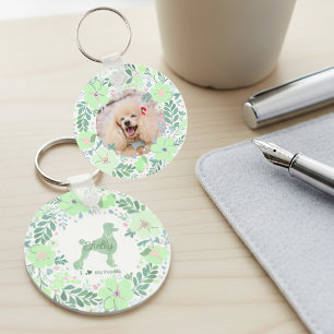 Anpassad Poodle-fotografi med mintgrön blomsterkra Nyckelring