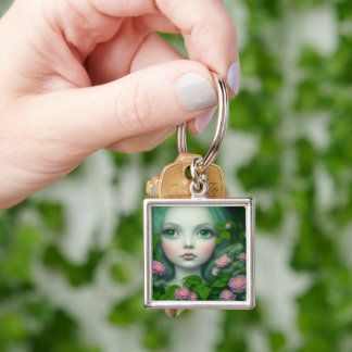 Anpassad Pop Surrealism Grön Rosbuske Flicka Fyrkantig Silverfärgad Nyckelring