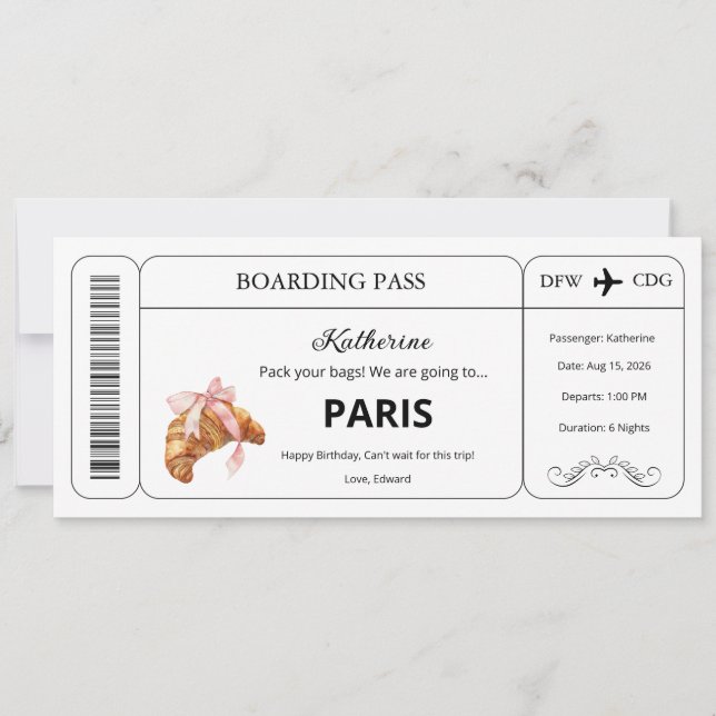 Anpassad presentkort, Boardingpass för Paris-resa Inbjudningar (Framsida)