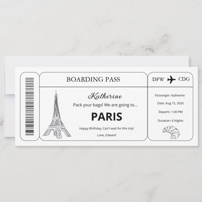 Anpassad presentkort, resa till Paris Ombordstigni Inbjudningar (Framsida)
