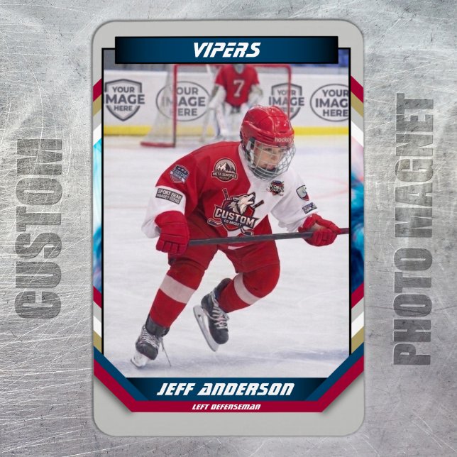 Anpassad Prime Orange & Vit Ishockey Foto Magnet (Ice Hockey Trading Card Magnet: Futuristic design, dynamic action. Perfect for kids!)