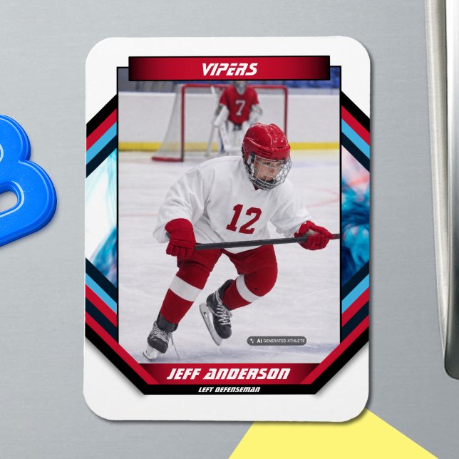 Anpassad Prime Röd Ishockey Foto Magnet (Ice Hockey Trading Card Magnet: Futuristic design, dynamic action. Perfect for young fans! )