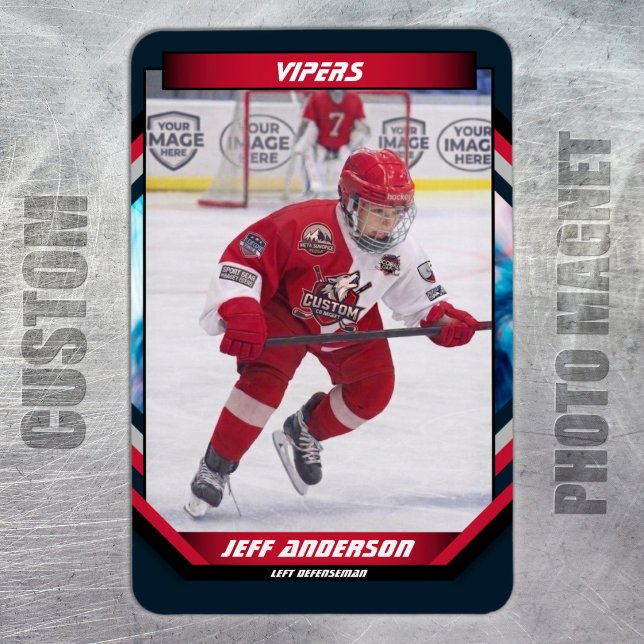 Anpassad Prime Röd & Marinblå Ishockey Foto Magnet (Ice Hockey Trading Card Magnet: Futuristic design, dynamic action. Perfect for young fans!)