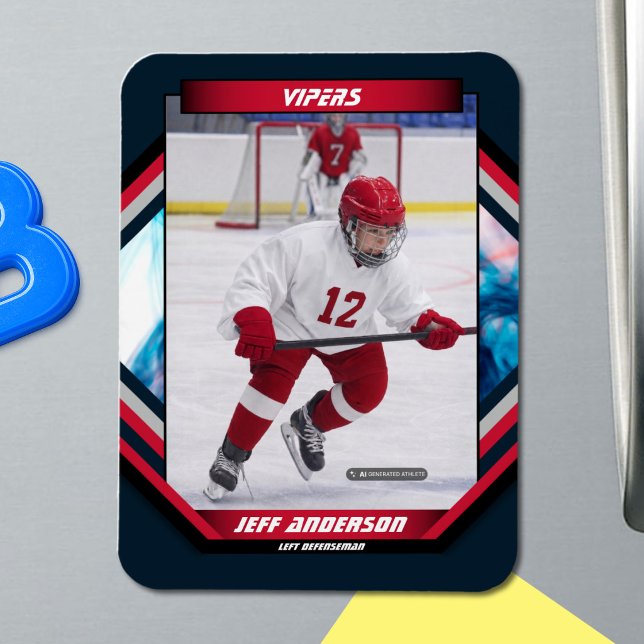 Anpassad Prime Röd & Marinblå Ishockey Foto Magnet (Ice Hockey Trading Card Magnet: Futuristic design, dynamic action. Perfect for young fans!)