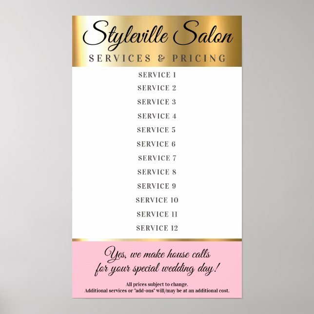 Anpassad prislista för skönhetssalongstjänster poster (Framsidan)