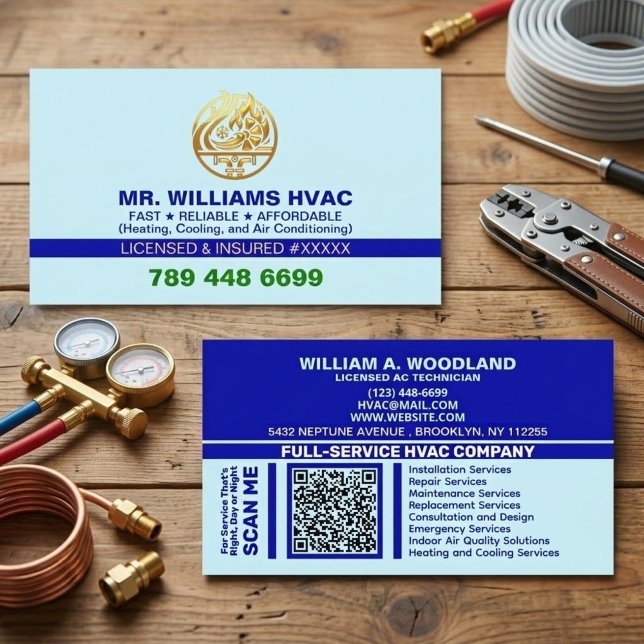 Anpassad professionell logotyp & licens | Blå AC H Visitkort (examples of hvac business cards)