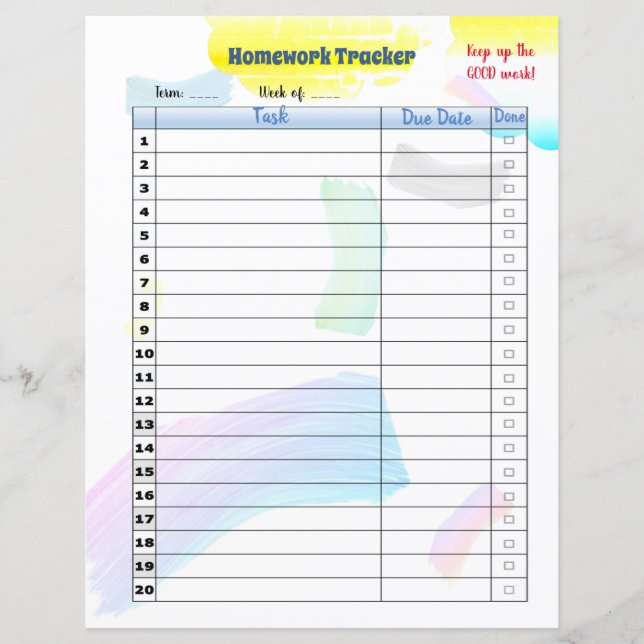Anpassad Rainbow Paint Student Homworking Tracker (Framsida)