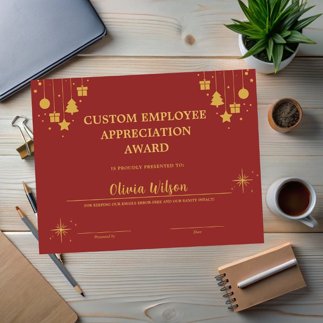 Anpassad Red Business Helgdag Employee Award (Customized Red Business Holiday Employee Award)