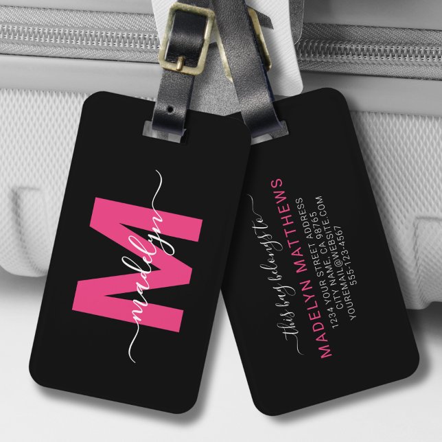 Anpassad resenär Rosa initial namn monogram Bagagebricka (Custom Traveler Pink Initial Name Monogram Luggage Tag)