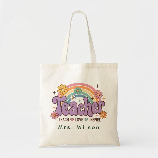 Anpassad Retro Daisy Lärare Regnbåge Namn Lärare Tygkasse (Framsidan)