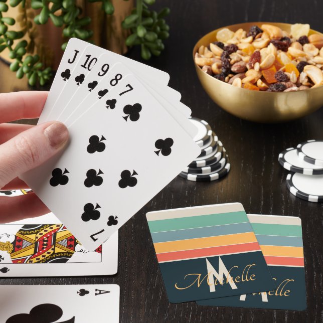 Anpassad Retro Marinblå & Rosa Randig Namnmonogram Casinokort (På plats)
