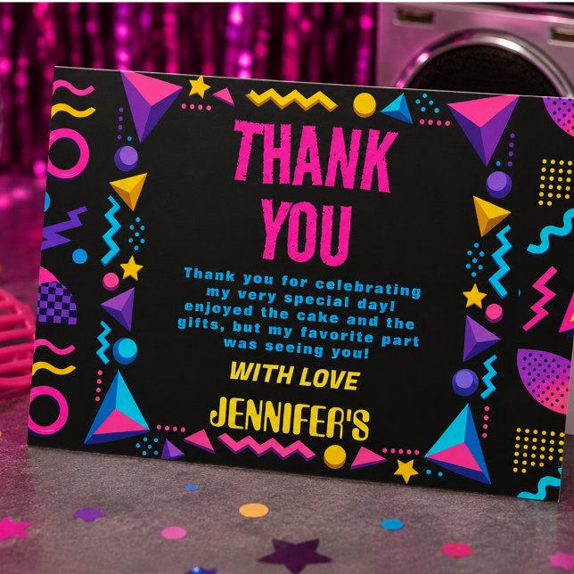 Anpassad Retro Neon 80-tals Födelsedagsfest Tack Kort (Custom Retro Neon 80's Birthday Party Thank You Card)