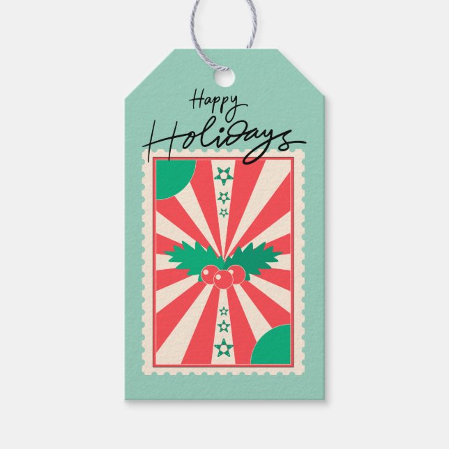 Anpassad Retro Pappersstämpel med Julgran Holly Presentetikett (Framsidan)