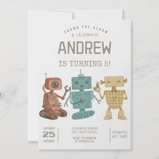 Anpassad Retro Robot Födelsedagsfest Inbjudningar (Framsida)