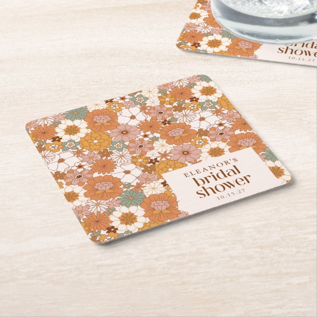Anpassad Retro Terrakotta Boho Blommig Bröllopsdus Underlägg Papper Kvadrat (Vinklad)