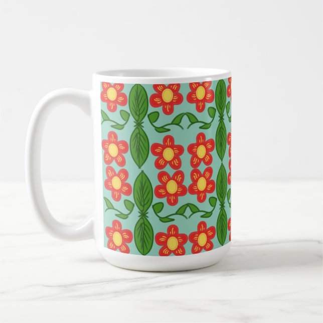 Anpassad röd folkkonst blommönster & blad mönster kaffemugg (Vänster)