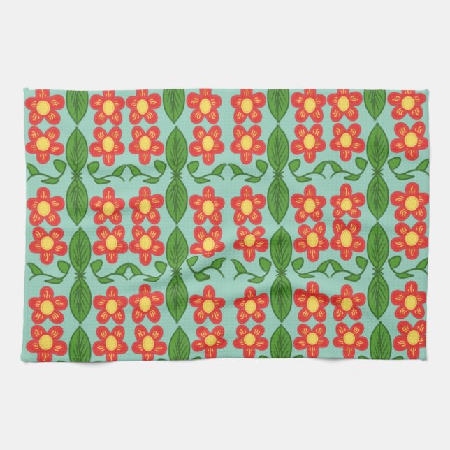 Anpassad röd folkkonst blommönster & blad mönster kökshandduk (Horisontell)