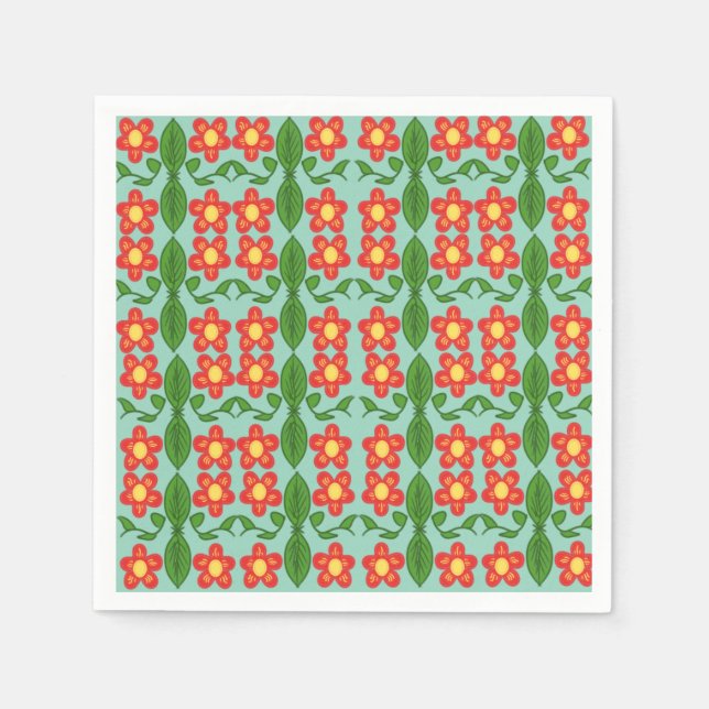 Anpassad röd folkkonst blommönster & blad mönster pappersservett (Framsidan)