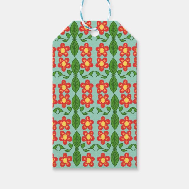 Anpassad röd folkkonst blommönster och blad design presentetikett (Framsidan)
