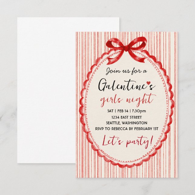 Anpassad röd Galentines-festlig inbjudan med bow (Fram/baksida)