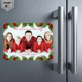 Anpassad röd julfamiljefoto med namn magnet
