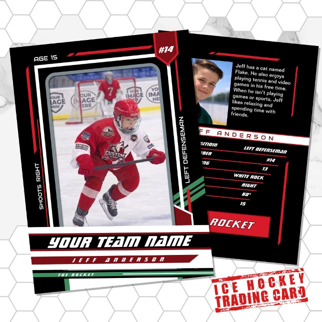 Anpassad röd och svart ishockeyspelarkort (Ice Hockey Player Trading Card in White with Custom Team Name and Green and Black Elements)