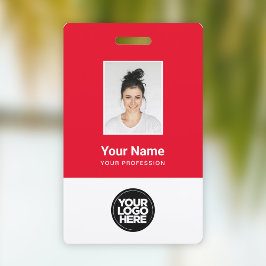 Anpassad röd personalfoto, streckkod, logotyp, nam