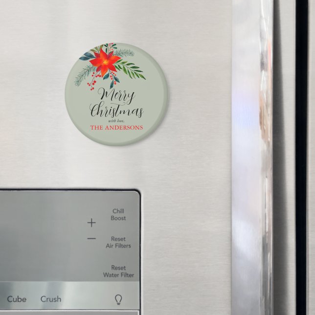Anpassad röd poinsettia God Jul Magnet (In Situ (Fridge))