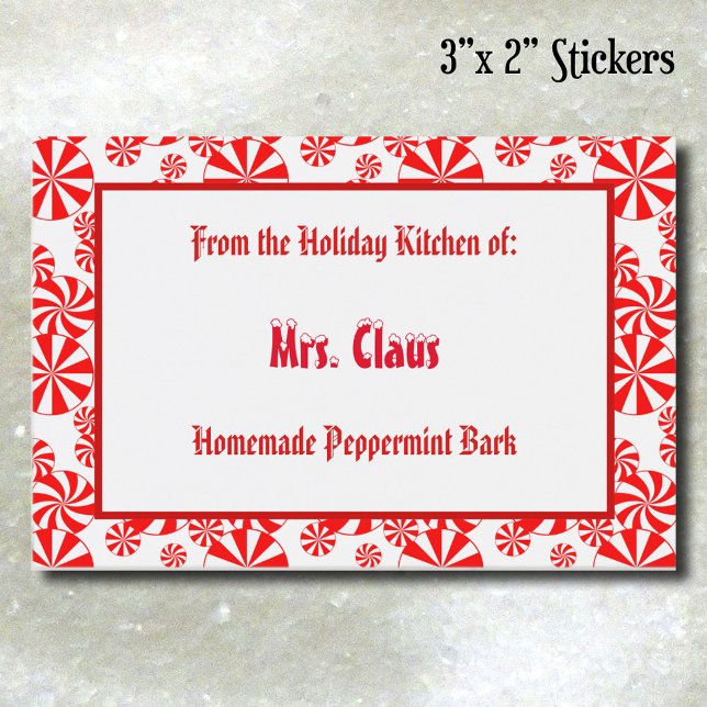 Anpassad röd-vit julpepparmyntmönster mat L Etiketter (Peppermint Candy Pattern Editable Sticker)