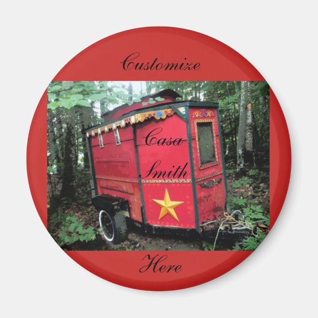 Anpassad röd zigenare, liten karavan på karavan magnet (Framsidan)