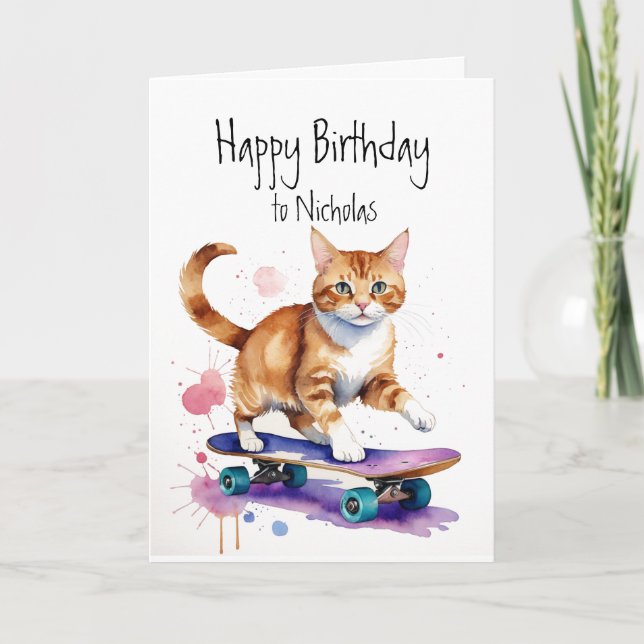 Anpassad Roligt för födelsedag Cute Cat on Skatebo Kort (Framsida)