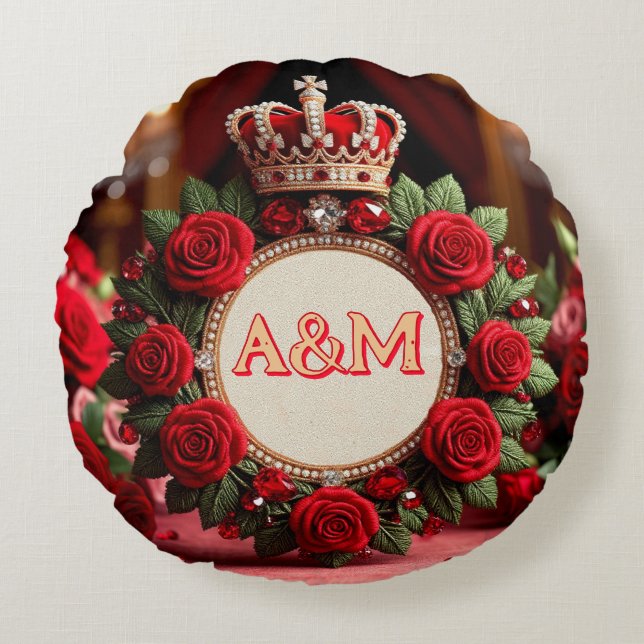 👑 Anpassad ros krona monogram namn present till h Rund Kudde (Framsidan)
