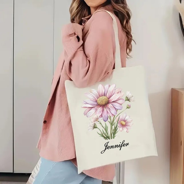 Anpassad Rosa Blommig Handväskaspresent till Henne Tygkasse (personalized name tote bag, student gift tote bag, birthday gift for her, gift for mom tote bag, )