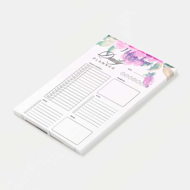 anpassad rosa blommig personlig daglig planerare post-it block (Vinklad)