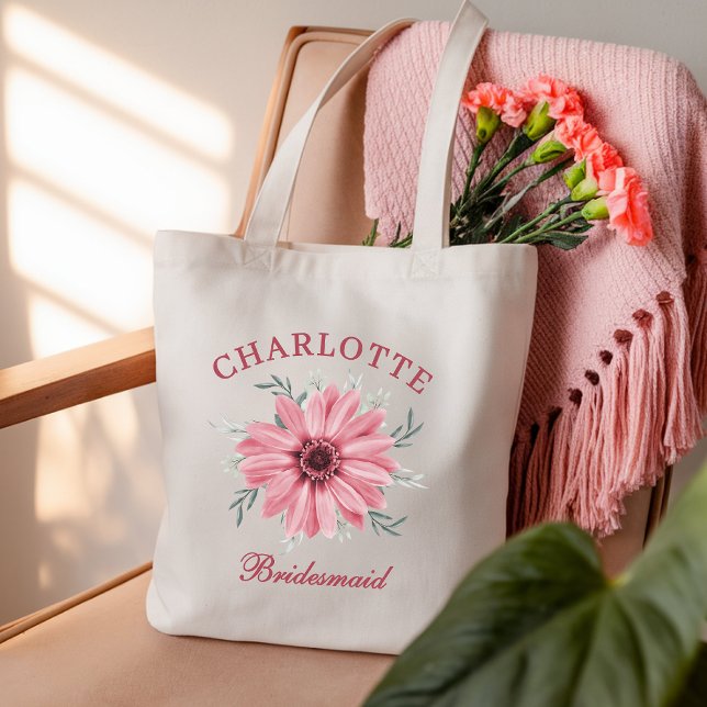Anpassad rosa blommig toteväska för möhippa tygkasse (bridesmaid tote bag, personalized bridesmaid tote, bridal shower tote, wedding party tote bag,)