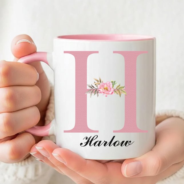 Anpassad rosa blomsterinitial mugg present till ma (Custom Pink Floral Monogram Mug Gift for Her, Wildflower Initial Name Mug Birthday Gift for Her Mom)