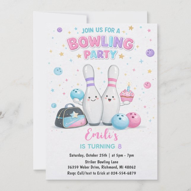 Anpassad Rosa bowling Födelsedagsfest Inbjudningar (Framsida)